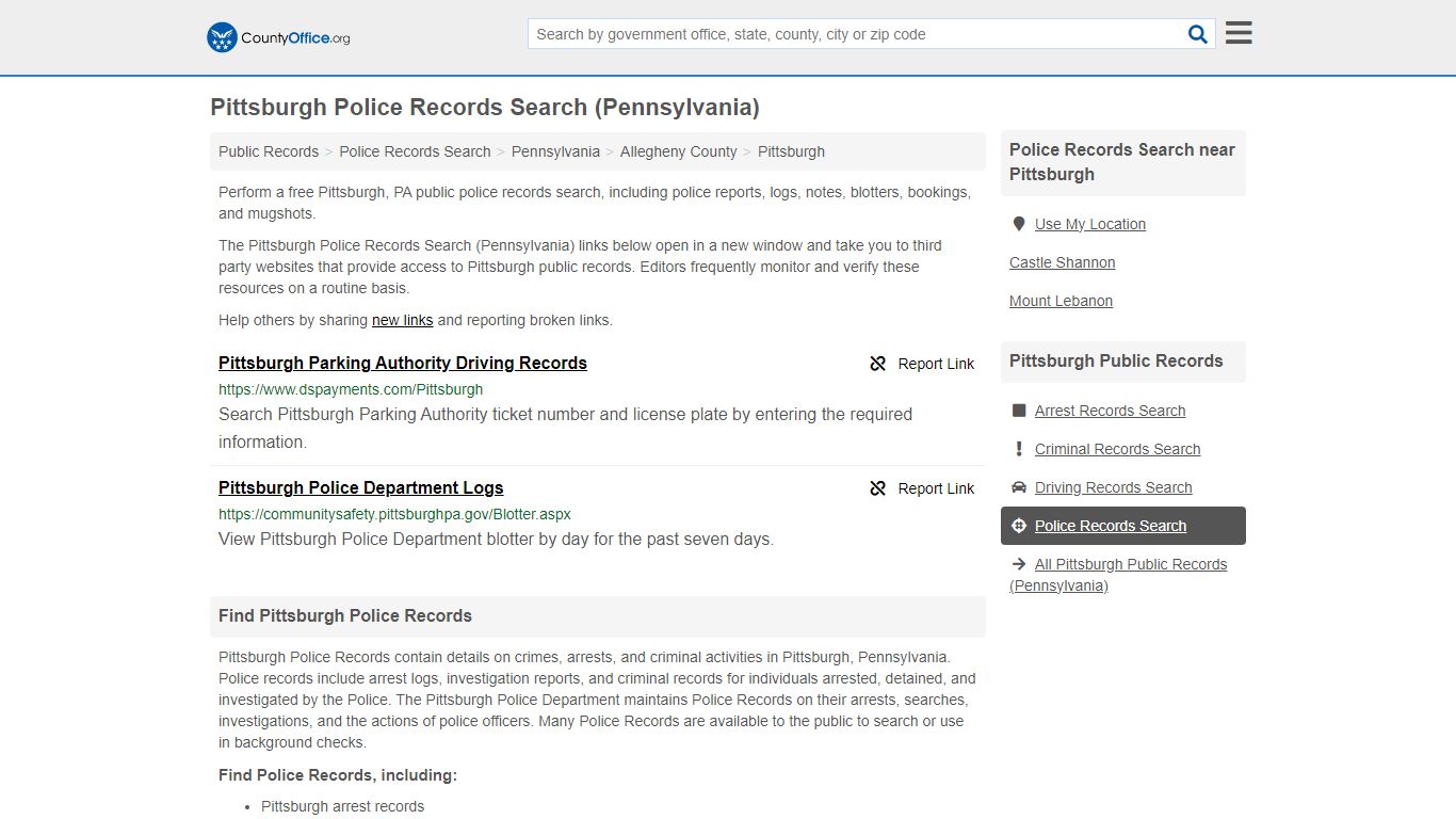 Pittsburgh Police Records Search (Pennsylvania) - County Office